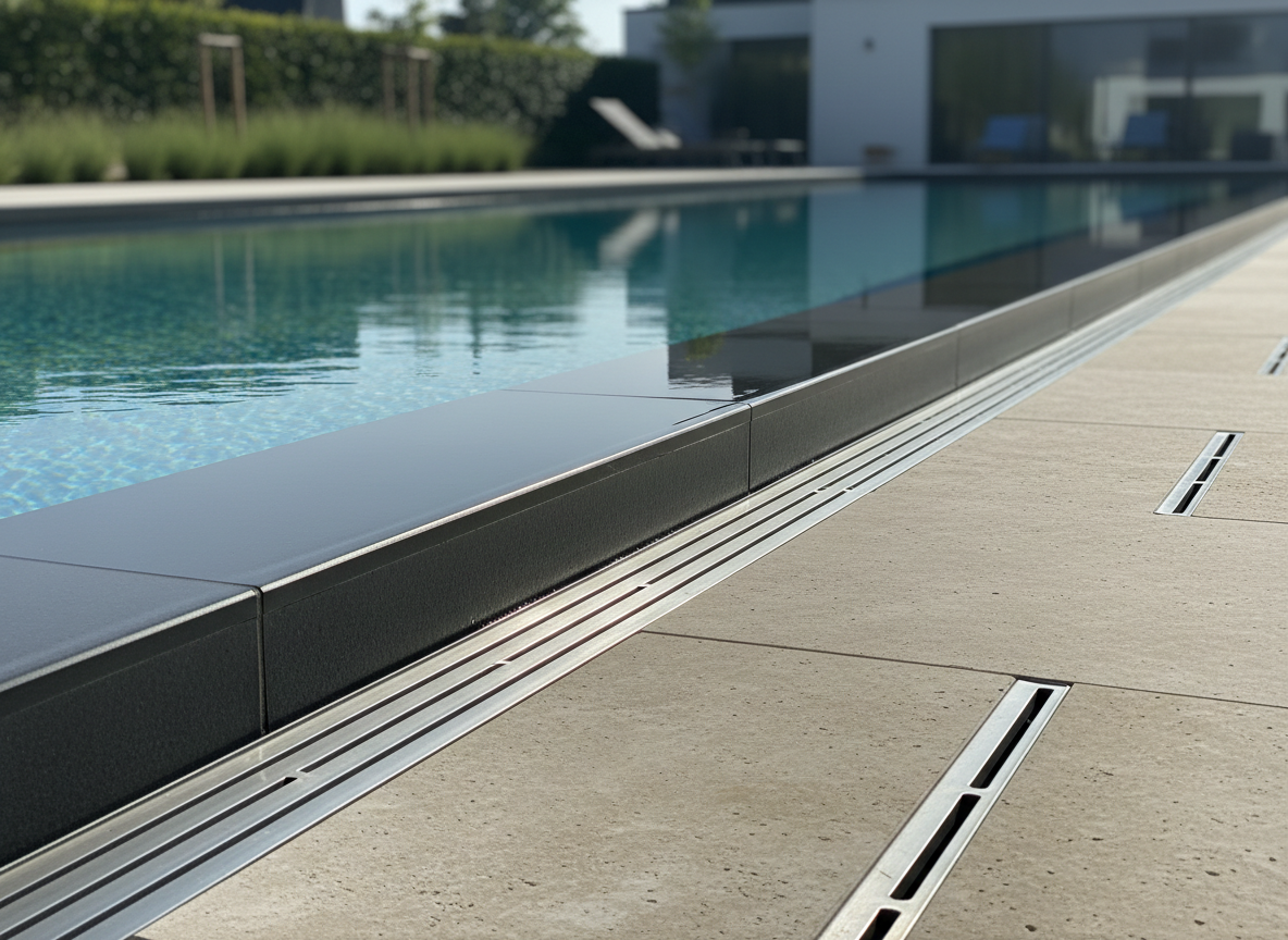 A close-up, detailed view of a freshly constructed overflow pool edge, showing smooth, dark anthracite ceramic coping stones with finely beveled edges and a precisely aligned stainless-steel overflow grate. Clear blue water flows evenly over the edge, creating a thin, continuous sheet of reflective surface. The surrounding deck is finished in light sand-colored textured stone, with minimalistic linear drains integrated seamlessly. Shot at eye level with a shallow depth of field in realistic photographic style, the late-morning natural light accentuates clean geometry and high-quality materials. The mood is technical yet elegant, emphasizing precision engineering and expert craftsmanship in modern pool building.