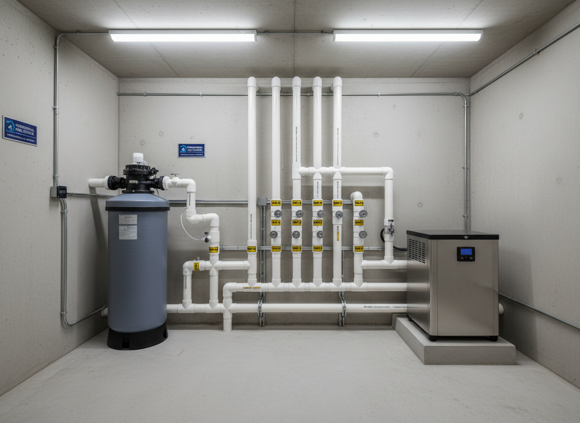An immaculate mechanical room dedicated to a professional pool system, featuring neatly installed white PVC pipes, labeled valves, a large sand filter tank in matte gray, and a compact, modern heat pump in brushed metal finish. The components are mounted against a clean, light gray wall with a smooth concrete floor below. Cool, evenly distributed LED ceiling lighting illuminates every detail, casting minimal shadows and highlighting organized cable runs and tidy installation. Captured from a frontal, slightly wide-angle perspective with sharp focus throughout, the photographic realism emphasizes reliability, engineering expertise, and professional maintenance and repair services for residential and commercial pools.