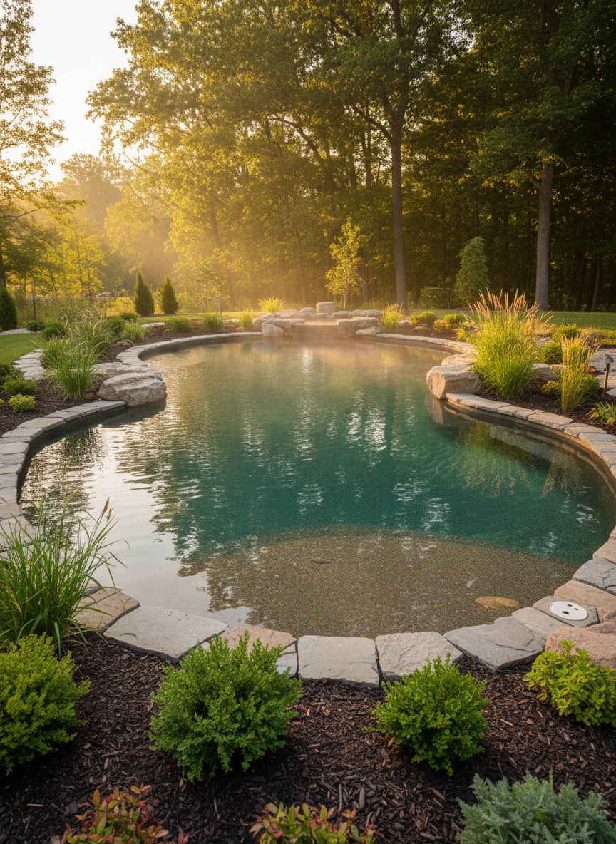 A serene natural-style pool integrated into a landscaped garden, with irregularly shaped edges lined in smooth river stones and organic rock formations. The water has a soft, emerald hue, revealing a pebble-finished interior in muted earth tones. Surrounding the pool are native plants, ornamental grasses, and a few low-maintenance shrubs set in dark mulch. Warm golden hour sunlight filters through nearby trees, casting dappled light on the water’s surface and creating a tranquil, resort-like mood. Photographed from a slightly elevated angle using the rule of thirds, the image has a realistic, clean aesthetic that showcases eco-conscious, custom pool design and construction.